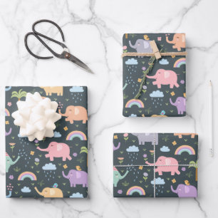 Feuille De Papier Cadeau Joyeux Eléphants Oiseaux de nuit Ciel nuages Rainb