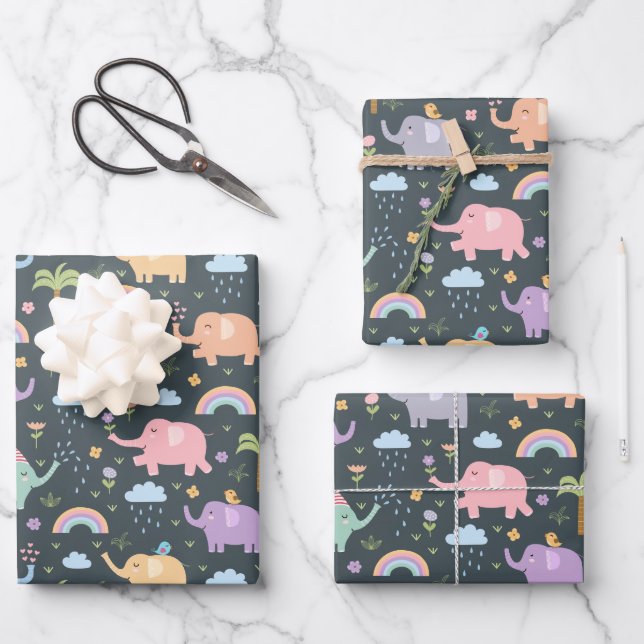 Feuille De Papier Cadeau Joyeux Eléphants Oiseaux de nuit Ciel nuages Rainb (Recto)