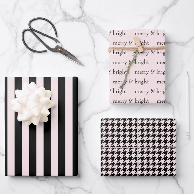 Feuille De Papier Cadeau Joyeux et brillant Noël rose noir (Recto)