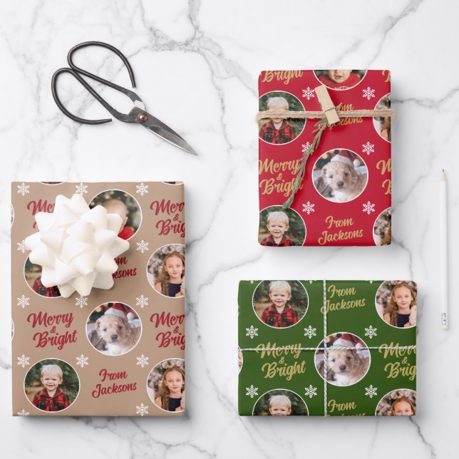 Feuille De Papier Cadeau Joyeux et lumineux 4 Photos Noël moderne (Recto)
