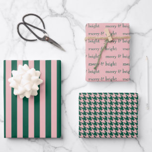 Feuille De Papier Cadeau Joyeux et lumineux Noël vert rose