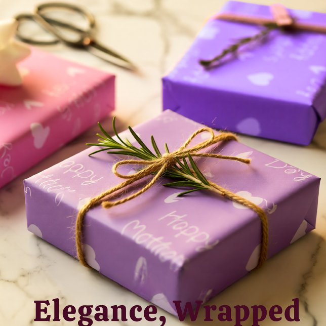 Feuille De Papier Cadeau Joyeux jeu de thème rose fête des Mères de 3 (Happy Mother’s Day Pink and Lavender Heart Wrapping Paper Sheets)