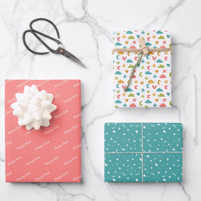 Feuille De Papier Cadeau Joyeux Motif Eid Kids Blue Pink Moon Star (Recto)