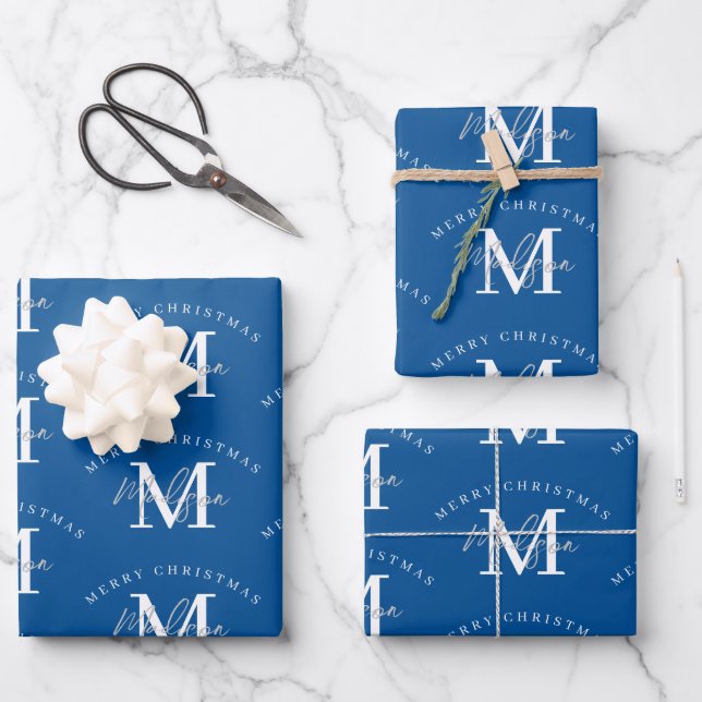Feuille De Papier Cadeau Joyeux Noël bleu blanc monogramme (Recto)