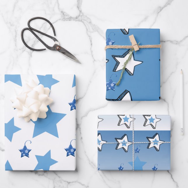 Feuille De Papier Cadeau Joyeux Noël bleu et blanc étoiles (Recto)