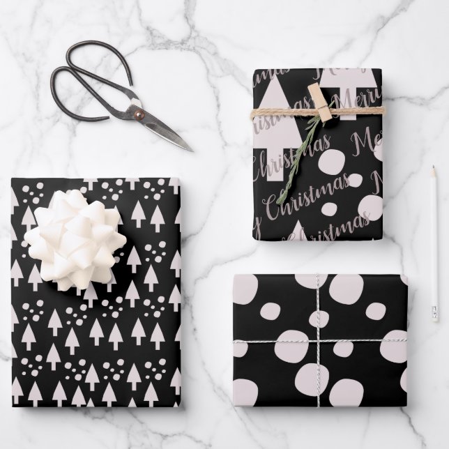 Feuille De Papier Cadeau Joyeux Noël Boules de Neige Arbres Noir Rose Motif (Recto)