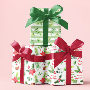 Feuille De Papier Cadeau Joyeux Noël Chic Floral Aquarelle Poinsettia