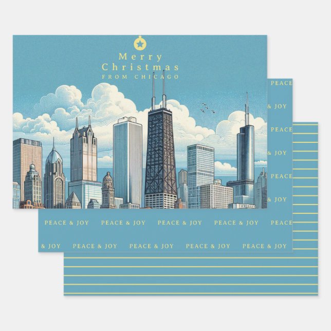 Feuille De Papier Cadeau Joyeux Noël Chicago Skyline Holiday (Lot)