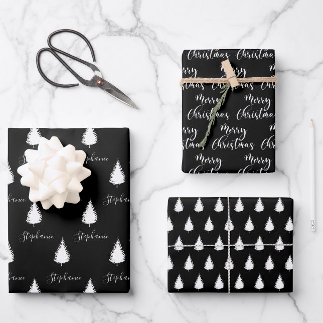 Feuille De Papier Cadeau Joyeux Noël d'arbre blanc personnalisé moderne (Recto)