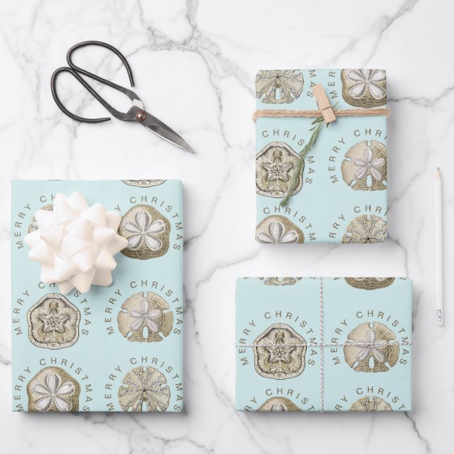 Feuille De Papier Cadeau Joyeux Noël Dollar de sable Turquoise Motif (Recto)