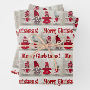 Feuille De Papier Cadeau Joyeux Noël Felly Poupées en Rouge Neige 3