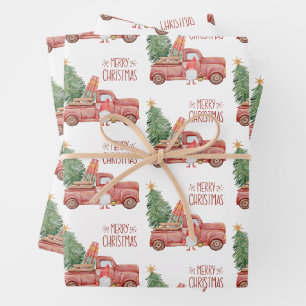 Feuille De Papier Cadeau Joyeux Noël Gnome avec Camion Rouge Vintage