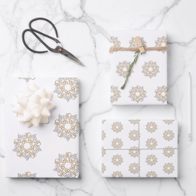 Feuille De Papier Cadeau Joyeux Noël Gold & Silver Star, Blanc (Recto)