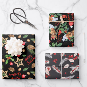 Feuille De Papier Cadeau Joyeux Noël Holly Red Fir Pine Cone Star Noir