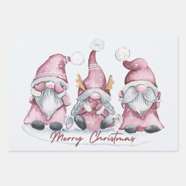 Feuille De Papier Cadeau Joyeux Noël Mignonne Aquarelle Gnomes de vacances (Devant)