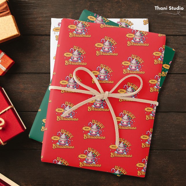 Feuille De Papier Cadeau Joyeux Noël mignonne Chocolat chaud Famille de Mug (Créateur téléchargé)