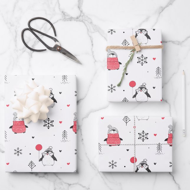 Feuille De Papier Cadeau Joyeux Noël mignonne Happy Penguin en blanc Casque (Recto)