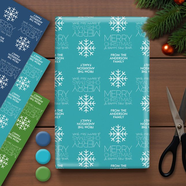 Feuille De Papier Cadeau Joyeux Noël moderne et nom de famille HNY (Custom Wrapping Paper - Holiday and Christmas Theme)