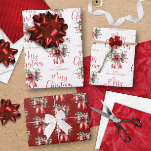 Feuille De Papier Cadeau Joyeux Noël moderne Script Red Bow Holly Nom