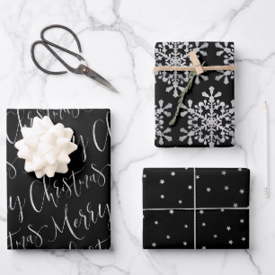 Feuille De Papier Cadeau Joyeux Noël Noir Et Argent Flammes De Neige Étoile