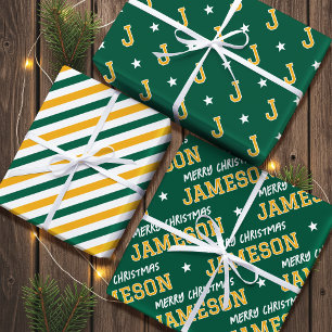 Feuille De Papier Cadeau Joyeux Noël Nom Monogram Green Gold Ados