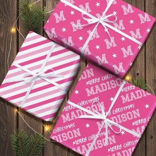 Feuille De Papier Cadeau Joyeux Noël Nom Monogramme Ado rose Fille