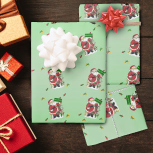 Feuille De Papier Cadeau Joyeux Noël Père Noël Animaux Arbre Vaches Vert