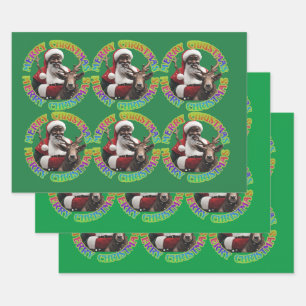 Feuille De Papier Cadeau Joyeux Noël Père Noël montant le renne rouge vert