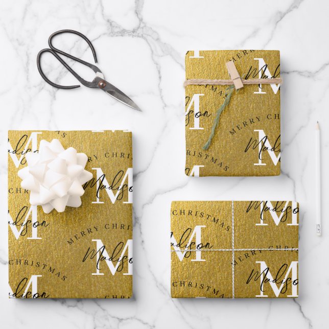 Feuille De Papier Cadeau Joyeux Noël personnalisé Monogramme Or de luxe (Recto)