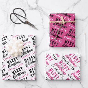 Feuille De Papier Cadeau Joyeux Noël personnalisé Nom rose tendance