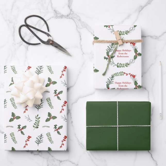 Feuille De Papier Cadeau Joyeux Noël Personnalisé Vacances Verdure (Recto)