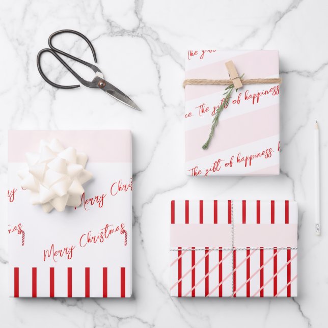 Feuille De Papier Cadeau Joyeux Noël Red Stripes & Soft Pink (Recto)