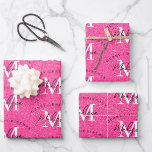 Feuille De Papier Cadeau Joyeux Noël rose sur mesure Monogramme Parties sci