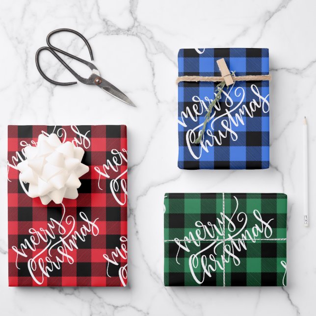 Feuille De Papier Cadeau Joyeux Noël Rouge Bleu Vert Buffle Plaid (Recto)