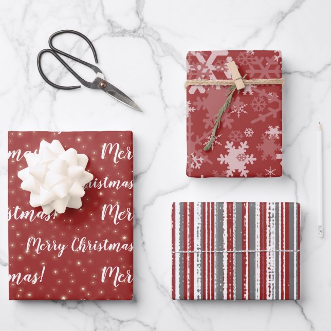 Feuille De Papier Cadeau Joyeux Noël Rouge gris hiver (Recto)