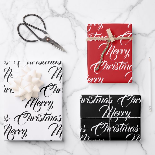 Feuille De Papier Cadeau Joyeux Noël rouge noir blanc script élégant (Recto)