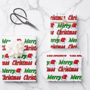 Feuille De Papier Cadeau Joyeux Noël Santa Hat rouge vert typographie