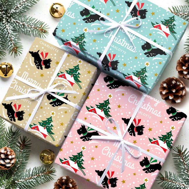 Feuille De Papier Cadeau Joyeux Noël Scottie Chien Snow Nom du plaisir (Créateur téléchargé)