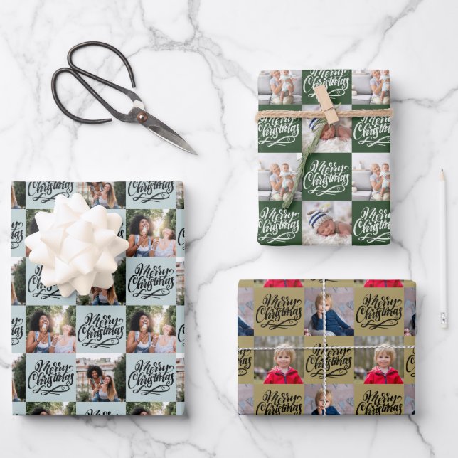 Feuille De Papier Cadeau Joyeux Noël Script 6 Photo Checkboard (Recto)
