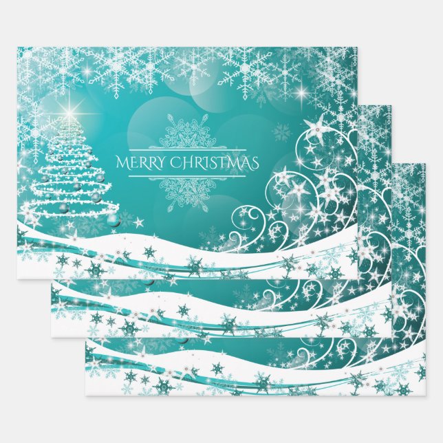 Feuille De Papier Cadeau Joyeux Noël Snowflakes Arbre Fleurs & Étoiles (Lot)
