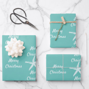 Feuille De Papier Cadeau Joyeux Noël Starfish Motifs Turquoise White Beach