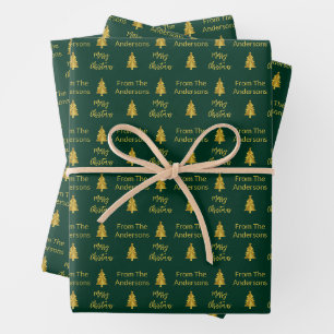 Feuille De Papier Cadeau Joyeux Noël Vert foncé et Noms d'or Arbres