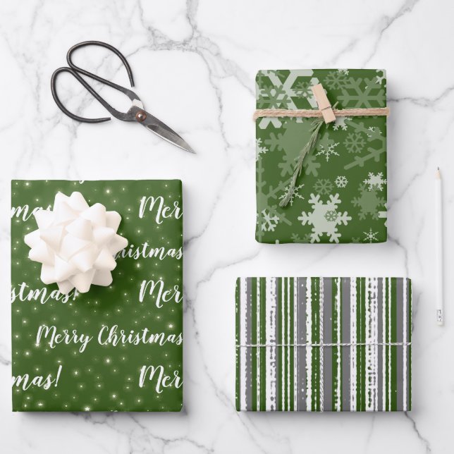 Feuille De Papier Cadeau Joyeux Noël Vert gris hiver (Recto)