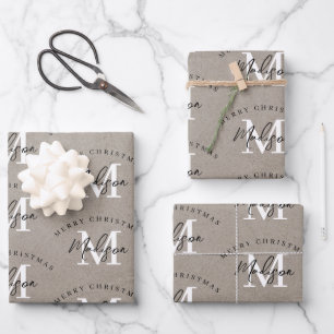 Feuille De Papier Cadeau Joyeux Noël Vintage Monogramme rustique