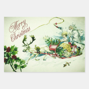 Feuille De Papier Cadeau Joyeux Noël vintage Père Noël Sleigh Reindeer 