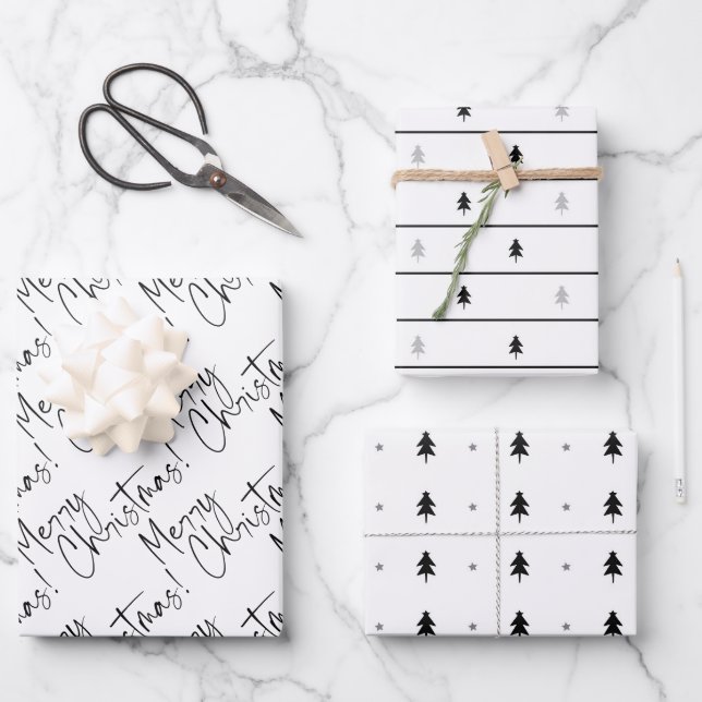 Feuille De Papier Cadeau Joyeux noir et blanc Arbre de Noël (Recto)