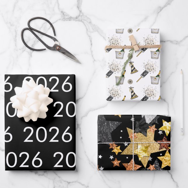 Feuille De Papier Cadeau Joyeux Nouvel An 2026 Black White Gold Confetti (Recto)