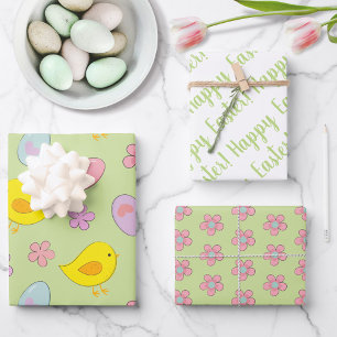 Feuille De Papier Cadeau Joyeux Oeufs de Pâques Poussins Fleurs vert printe