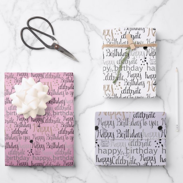 Feuille De Papier Cadeau Joyeux Ombre rose violet d'anniversaire (Recto)