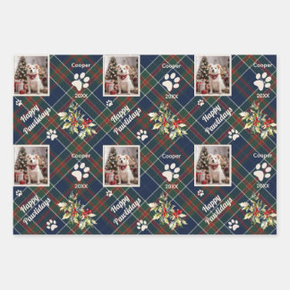 Feuille De Papier Cadeau Joyeux Pawlidays Chien Bleu Plaid Noël
